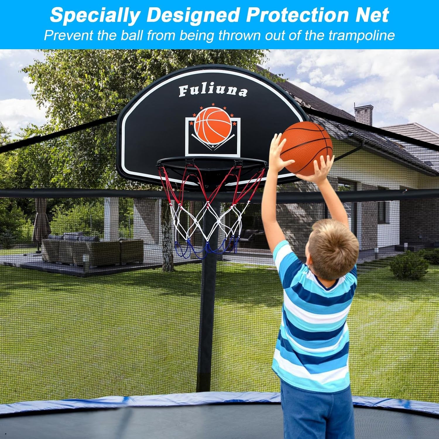 Trampoline Basketball Hoop, Basketball Hoop for Trampoline Fits for 25Mm Straight Pole & Curved Pole, Trampoline Basketball Hoop Attachment with Protective Net,Mini Ball,Pump, Easy to Install