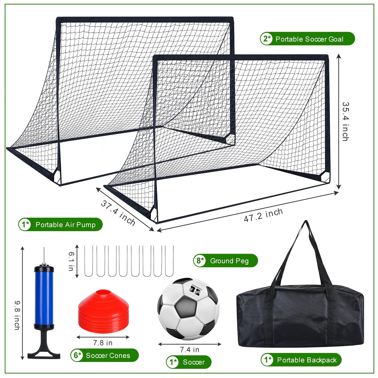 Set of 2 Portable Soccer Goals for Kids & Youth, Practice Soccer Net Soccer Training Equipment for Backyard Fun & Training