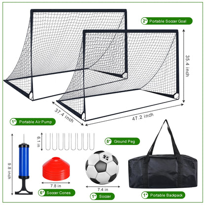 Set of 2 Portable Soccer Goals for Kids & Youth, Practice Soccer Net Soccer Training Equipment for Backyard Fun & Training