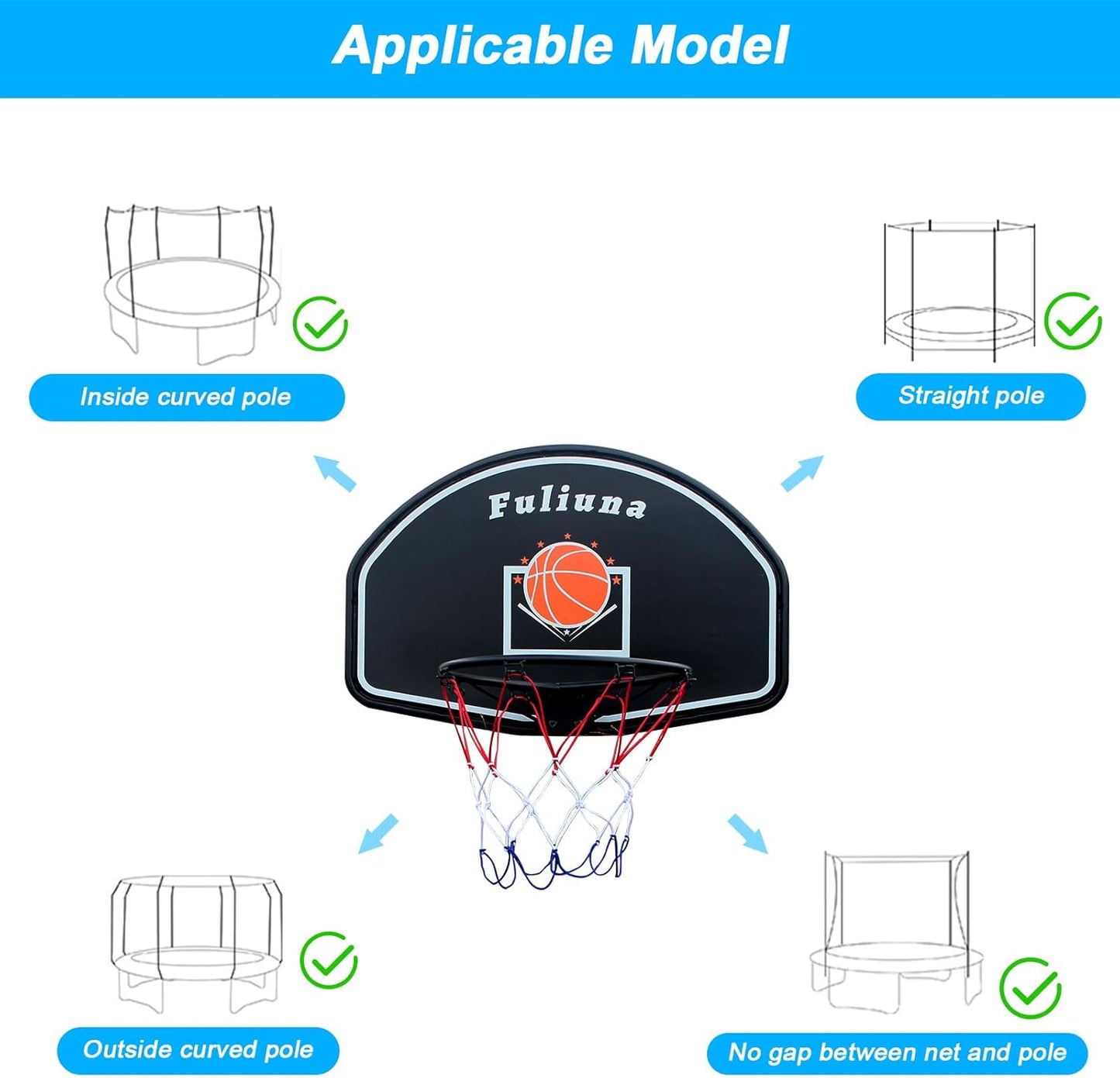 Trampoline Basketball Hoop, Basketball Hoop for Trampoline Fits for 25Mm Straight Pole & Curved Pole, Trampoline Basketball Hoop Attachment with Protective Net,Mini Ball,Pump, Easy to Install