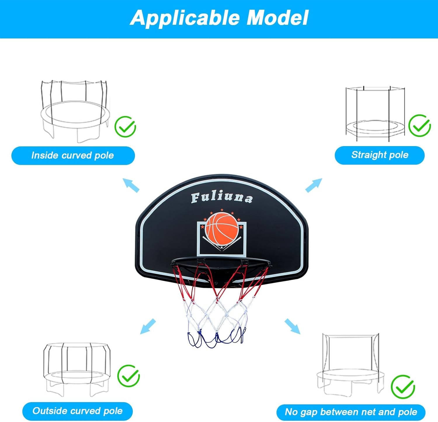 Trampoline Basketball Hoop, Basketball Hoop for Trampoline Fits for 25Mm Straight Pole & Curved Pole, Trampoline Basketball Hoop Attachment with Protective Net,Mini Ball,Pump, Easy to Install
