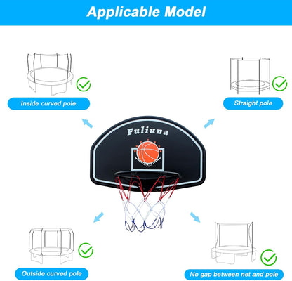 Trampoline Basketball Hoop, Basketball Hoop for Trampoline Fits for 25Mm Straight Pole & Curved Pole, Trampoline Basketball Hoop Attachment with Protective Net,Mini Ball,Pump, Easy to Install