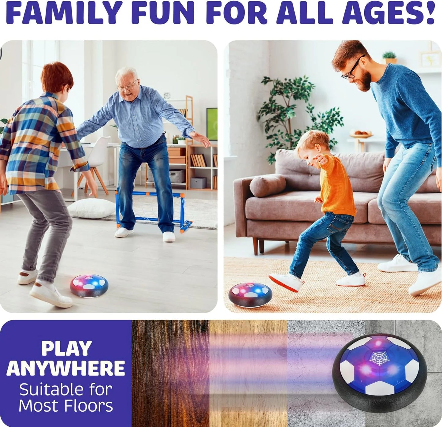 Hover Ball Soccerball Indoor Game, 4-In-1 Floating Disk Toy for Active Play, Ages 3-12, 2 Balls with 2 Goals