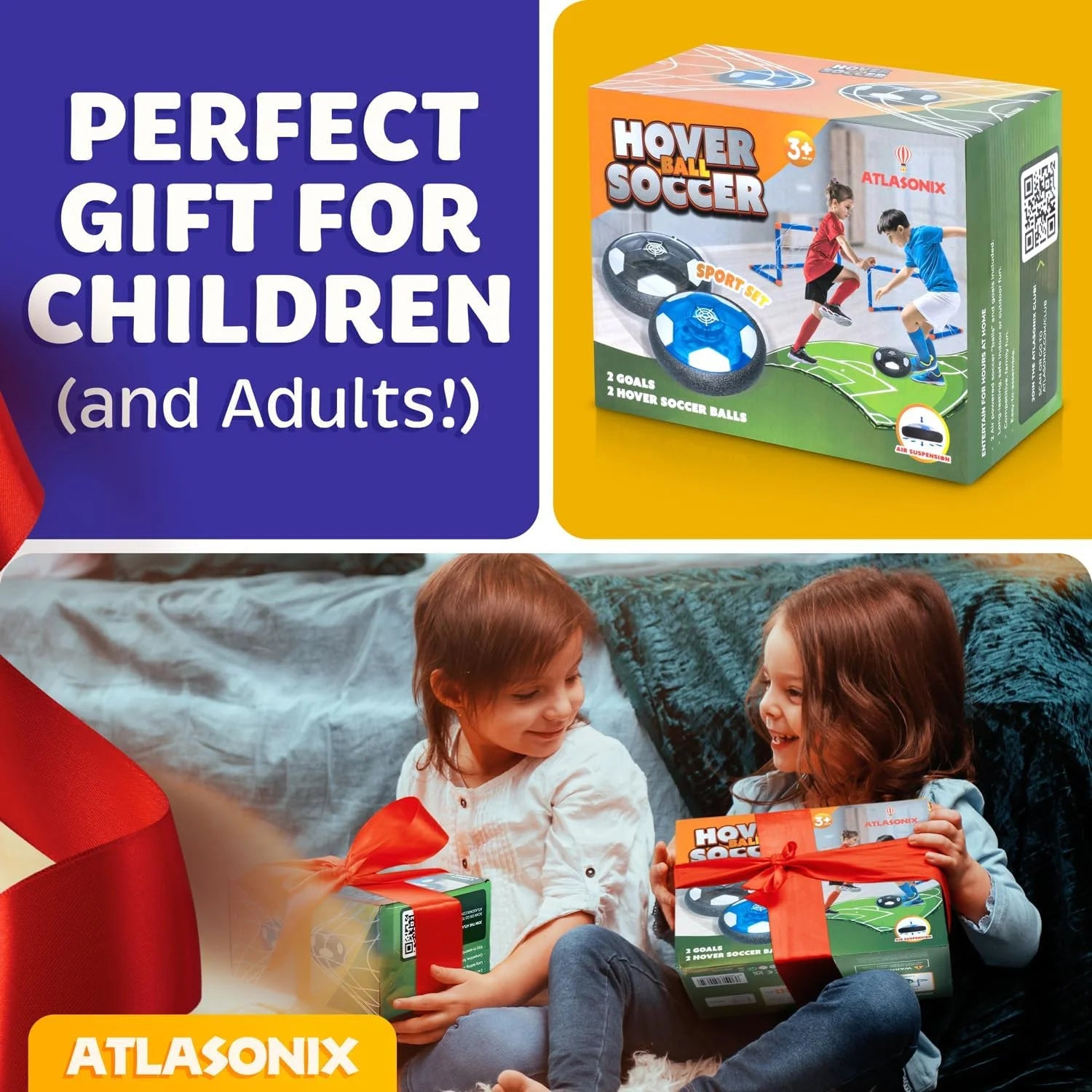 Hover Ball Soccerball Indoor Game, 4-In-1 Floating Disk Toy for Active Play, Ages 3-12, 2 Balls with 2 Goals