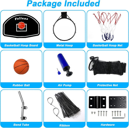 Trampoline Basketball Hoop, Basketball Hoop for Trampoline Fits for 25Mm Straight Pole & Curved Pole, Trampoline Basketball Hoop Attachment with Protective Net,Mini Ball,Pump, Easy to Install