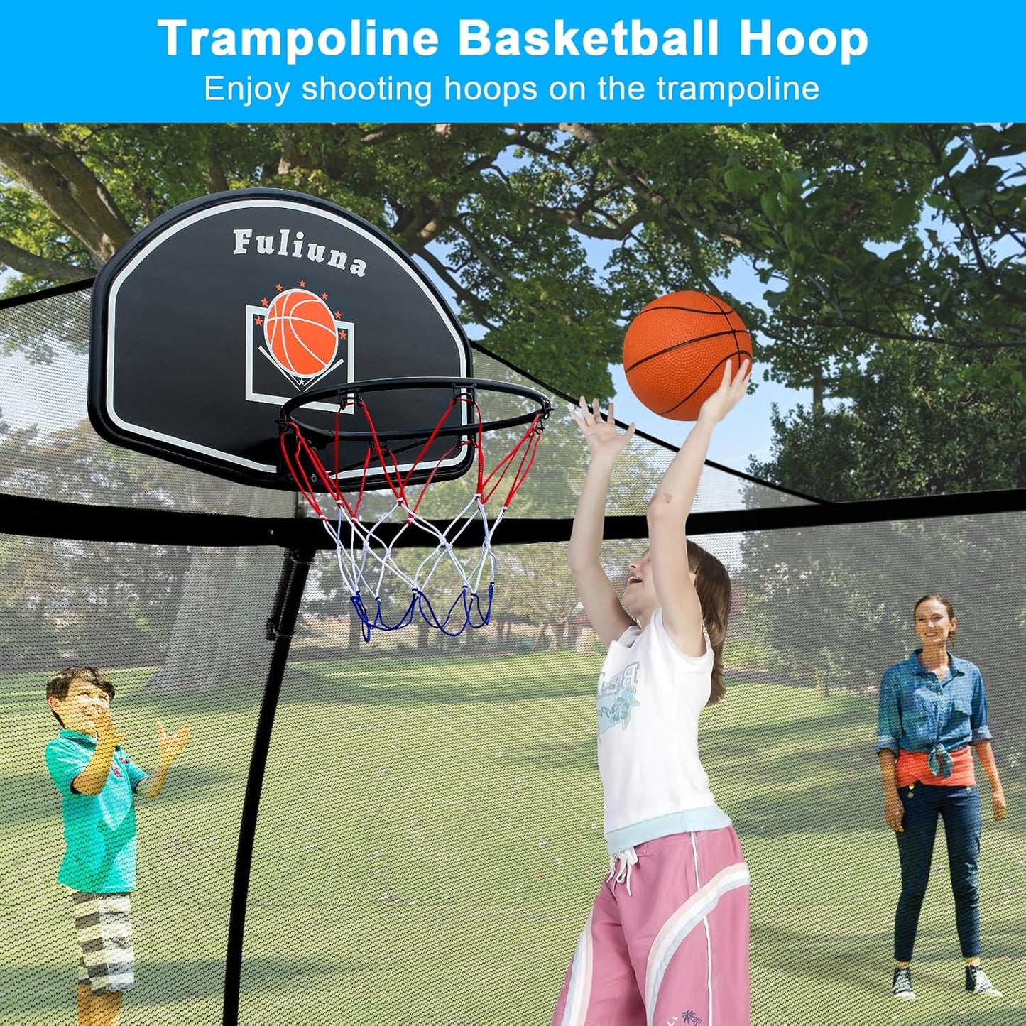 Trampoline Basketball Hoop, Basketball Hoop for Trampoline Fits for 25Mm Straight Pole & Curved Pole, Trampoline Basketball Hoop Attachment with Protective Net,Mini Ball,Pump, Easy to Install